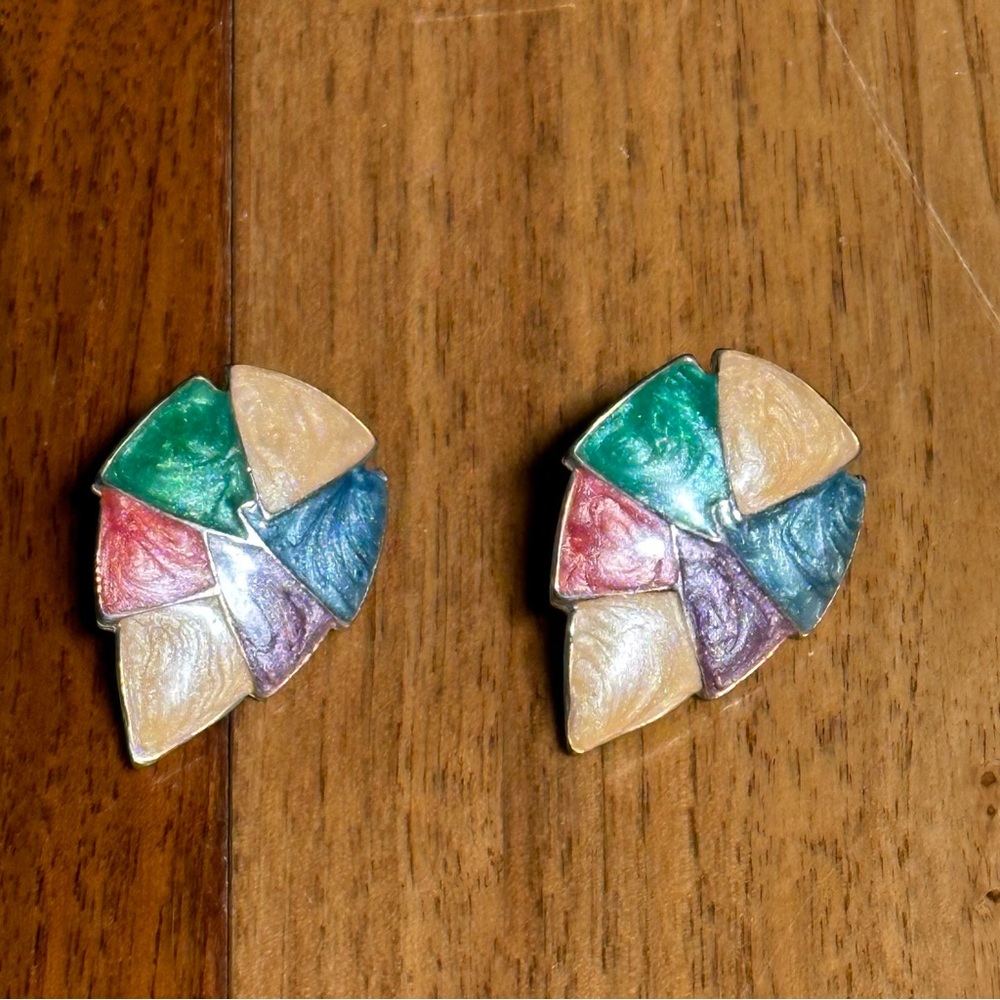 Vintage Enamel Leaf Earrings Pink Purple Green Cream Statement Studs